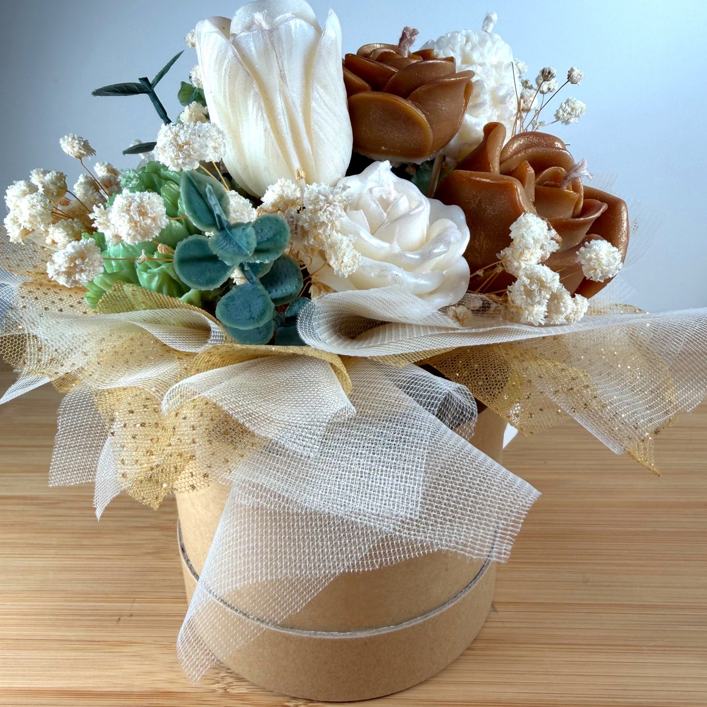 Bouquet de fleurs en bougies parfumées à la cire d'olive, 100 % naturel et au parfum de grâce, fleurs, blanche, verte et doré