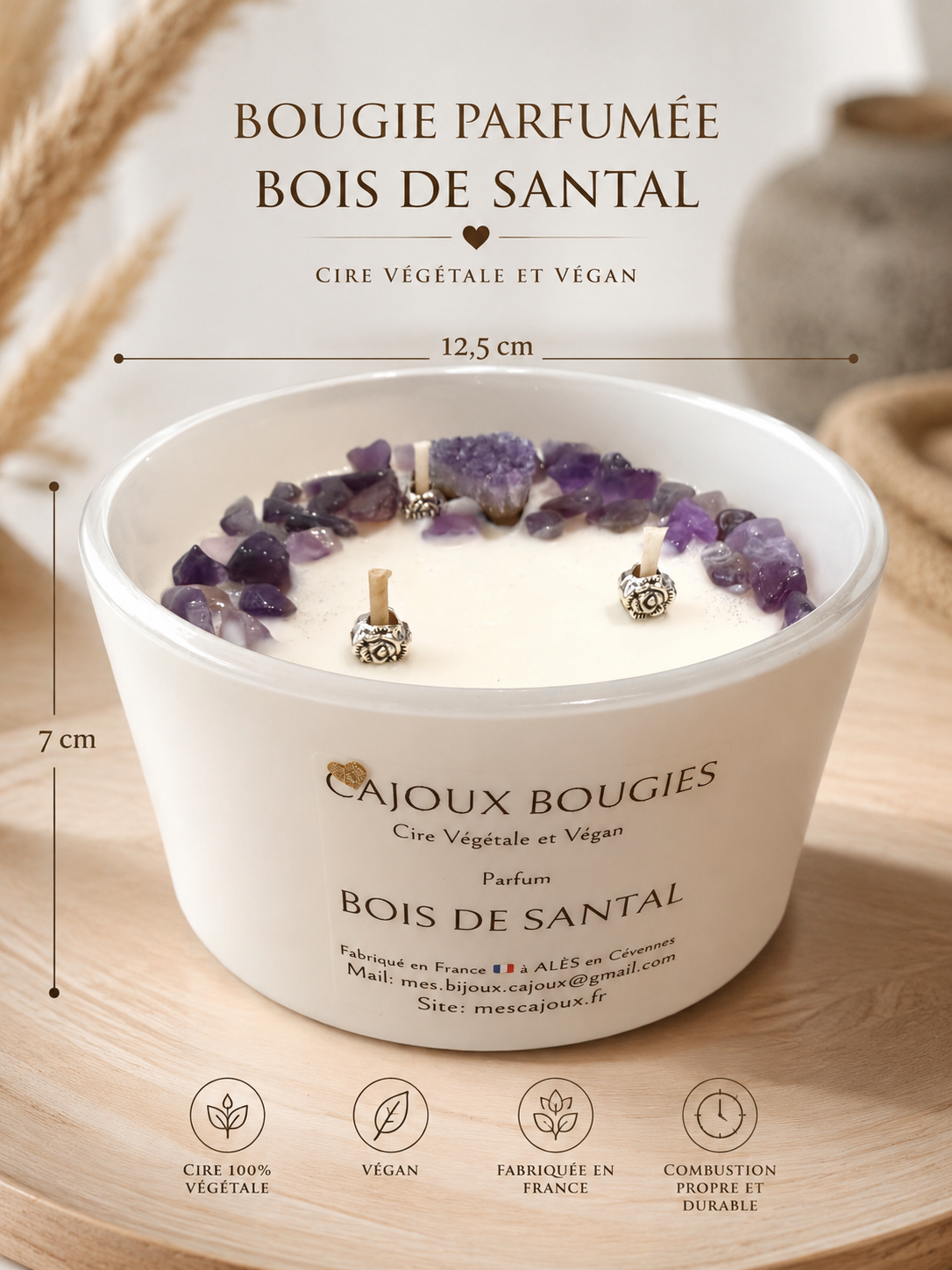 Bougie Cajoux Bois de Santal décoré d'Améthyste – Bougie Parfumée Artisanale aux Pierres Naturelles