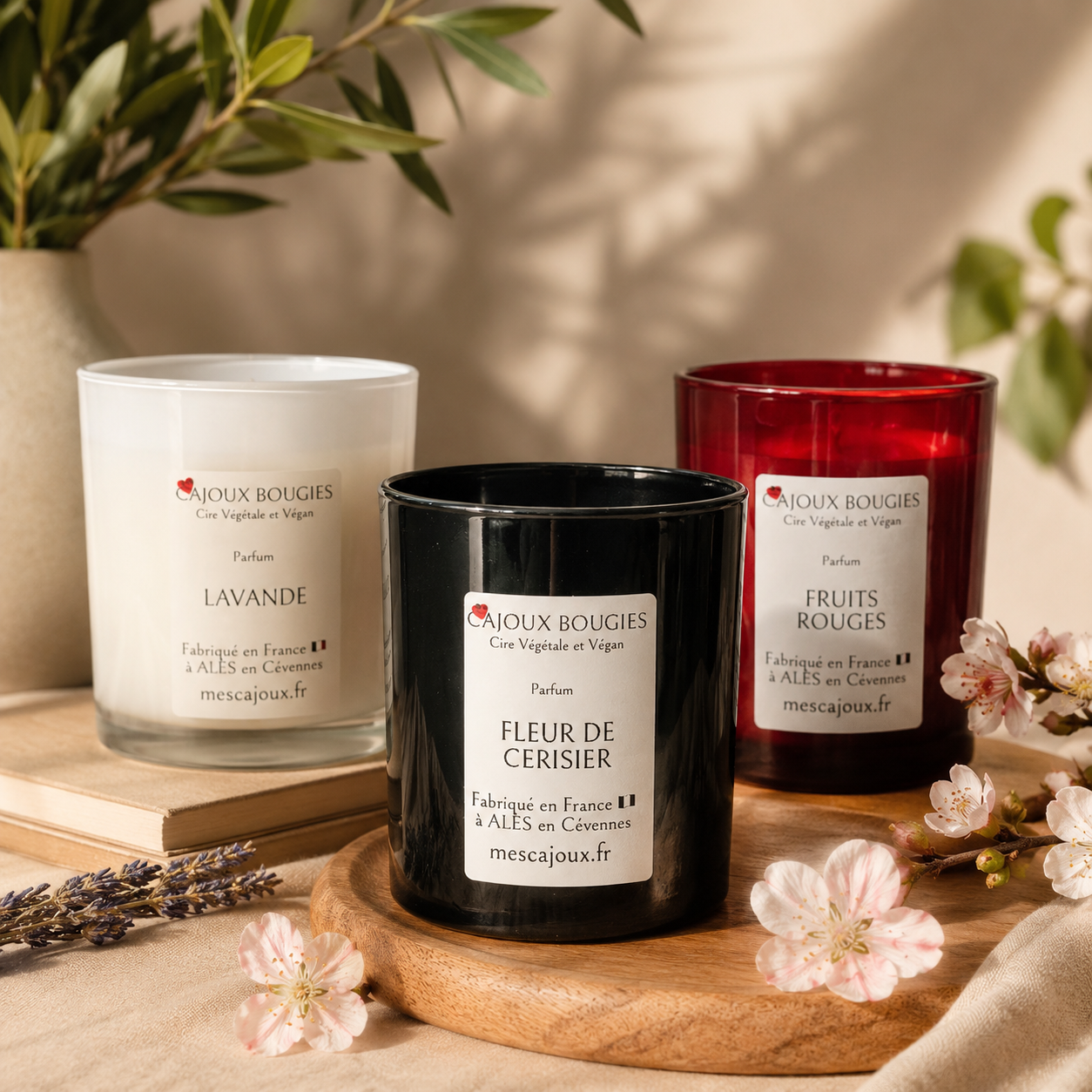 Découvrez les bougies artisanales 200 ml Mes CaJouX, fabriquées à Alès en Cévennes avec une cire végétale colza & coco vegan, des parfums de Grasse et une fleur décorative  dans chaque création.
