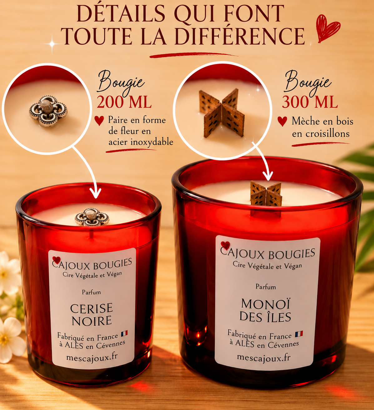 Découvrez les bougies artisanales 200 ml Mes CaJouX, fabriquées à Alès en Cévennes avec une cire végétale colza & coco vegan, des parfums de Grasse et une fleur décorative  dans chaque création.
