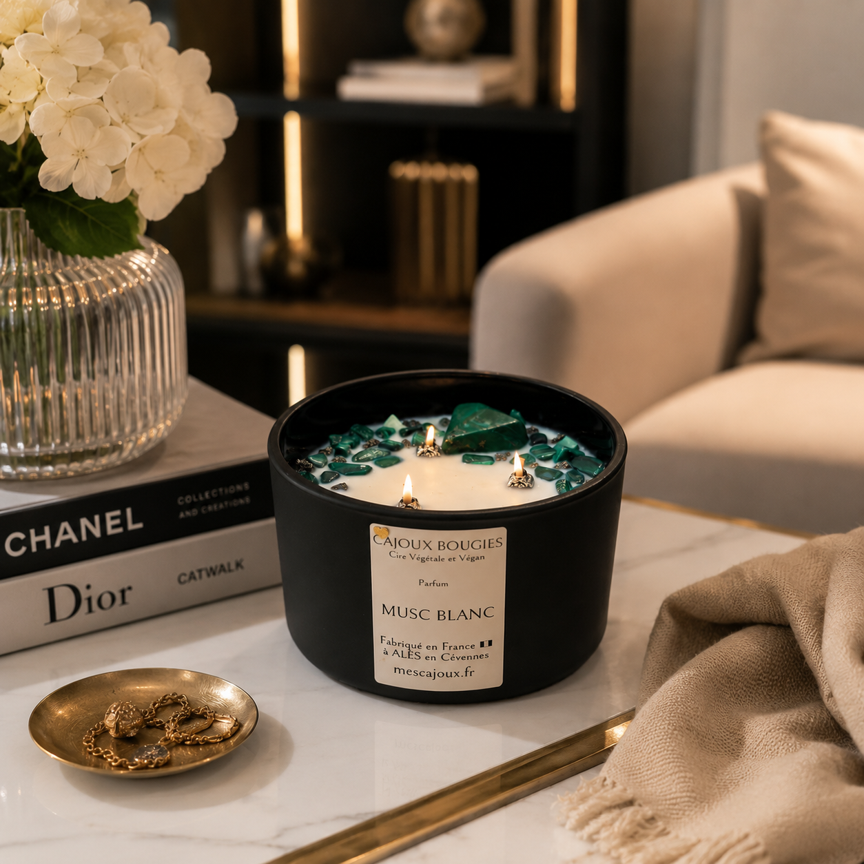 Bougie parfumée Musc Blanc artisanale CaJouX – Malachite & Pyrite | Cire végétale & Pierres naturelles