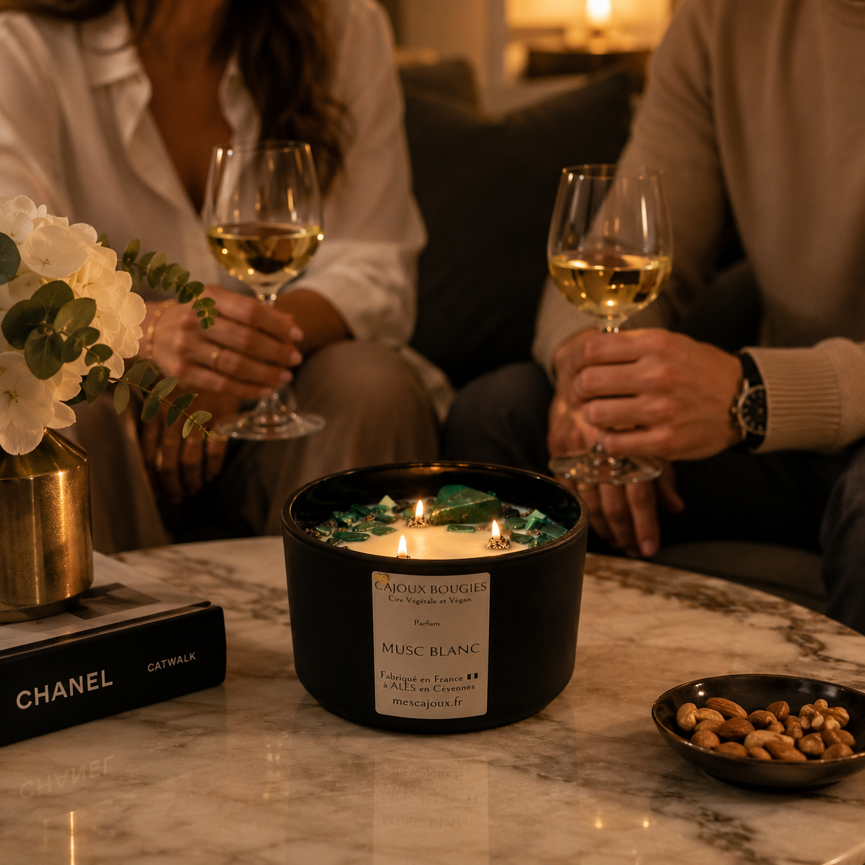 Bougie parfumée Musc Blanc artisanale CaJouX – Malachite & Pyrite | Cire végétale & Pierres naturelles