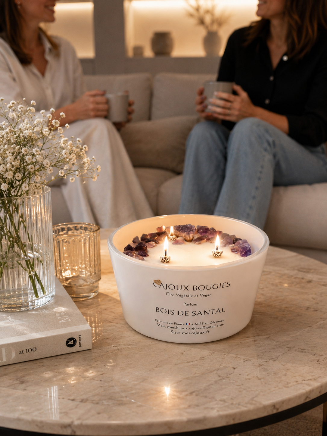 Bougie Cajoux Bois de Santal décoré d'Améthyste – Bougie Parfumée Artisanale aux Pierres Naturelles