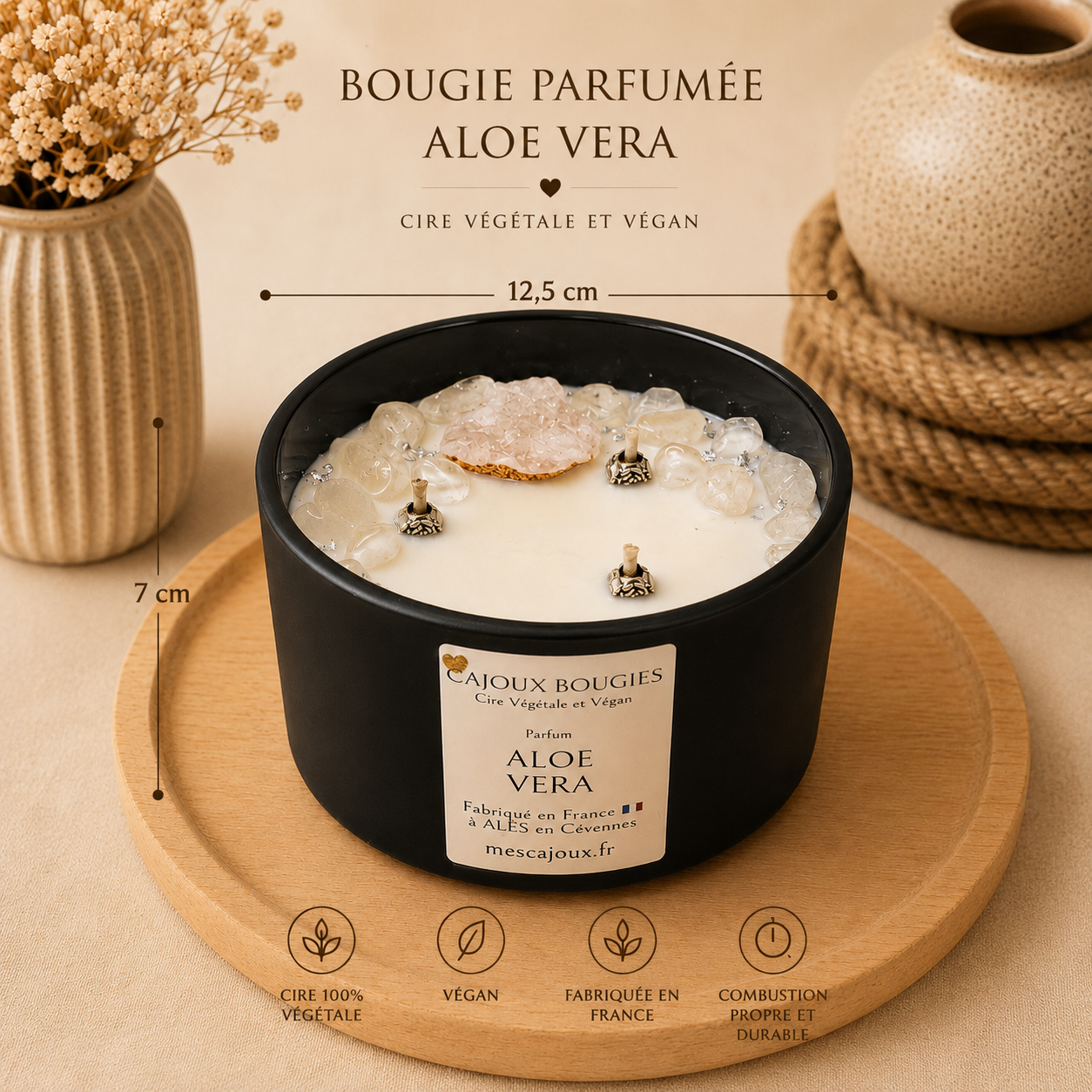 Bougie parfumée Aloe Vera Cajoux Bougies avec pierres naturelles de quartz blanc, 400 g de cire végétale et parfum de Grasse.
