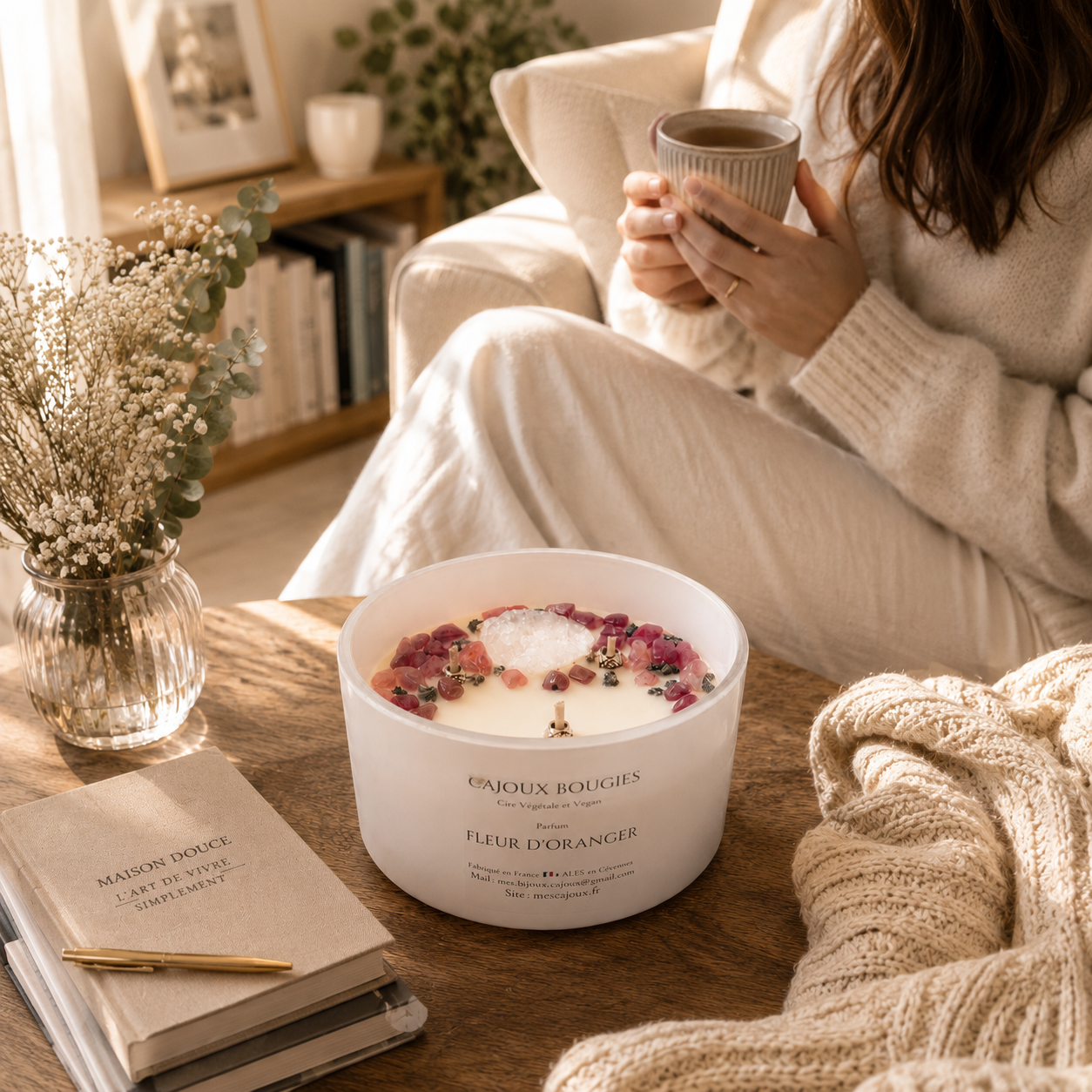 Découvrez la Bougie Cajoux Fleur d'Oranger avec Quartz Fraise, Quartz Blanc et Pyrite : une création artisanale en cire végétale, parfumée à Grasse et sublimée par de véritables pierres naturelles.