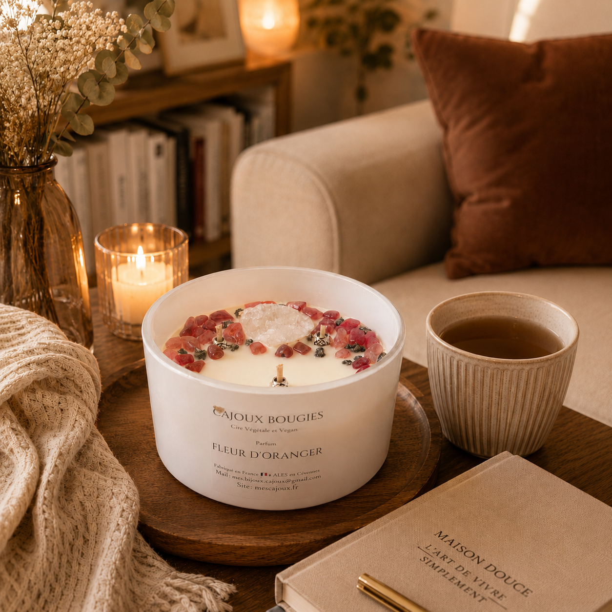 Découvrez la Bougie Cajoux Fleur d'Oranger avec Quartz Fraise, Quartz Blanc et Pyrite : une création artisanale en cire végétale, parfumée à Grasse et sublimée par de véritables pierres naturelles.