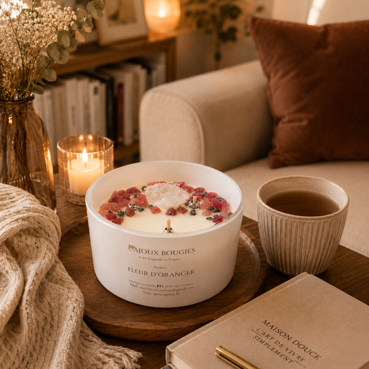 Découvrez la Bougie Cajoux Fleur d'Oranger avec Quartz Fraise, Quartz Blanc et Pyrite : une création artisanale en cire végétale, parfumée à Grasse et sublimée par de véritables pierres naturelles.