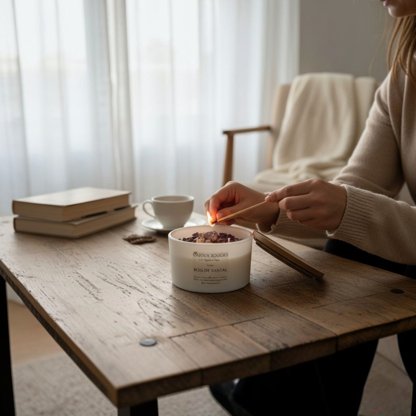 Bougie Cajoux Bois de Santal décoré d'Améthyste – Bougie Parfumée Artisanale aux Pierres Naturelles