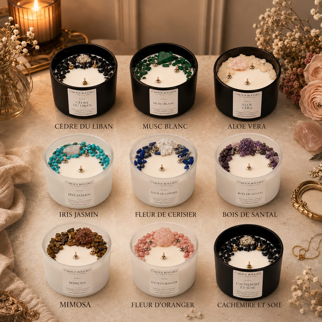Découvrez la Bougie Cajoux Œil du Tigre & Aragonite : cire végétale, parfum de Grasse Mimosa et pierres naturelles pour une décoration élégante et raffinée.