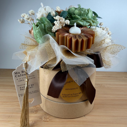 Bouquet de fleurs en bougies parfumées à la cire d'olive, 100 % naturel et au parfum de grâce, fleurs, blanche, verte et doré