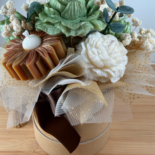 Bouquet de fleurs en bougies parfumées à la cire d'olive, 100 % naturel et au parfum de grâce, fleurs, blanche, verte et doré